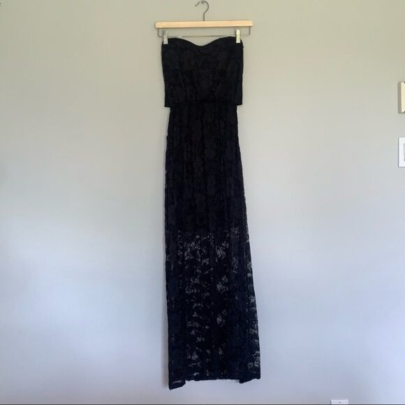Black Lace Maxi Dress Strapless Sweetheart Neckline Back Cutout Size Small - Picture 2 of 9